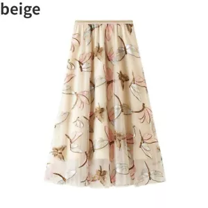 Lady Casual Dragonfly Pattern Sequin Embroidery Skirt Mesh A-line Office Fashion - Picture 1 of 17