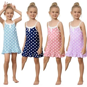Kids Girl Slip Dress Sleeveless Nightdress Lace Trim Nightgown Sleepwear Strappy - Picture 1 of 17
