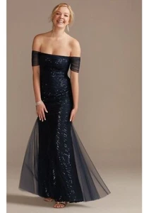 GALINA SIGNATURE MAXI DRESS WOMEMS SZ 8 BLUE ZIP OFF SHOULDER TULLE SEQUIN NEW  - Picture 1 of 20