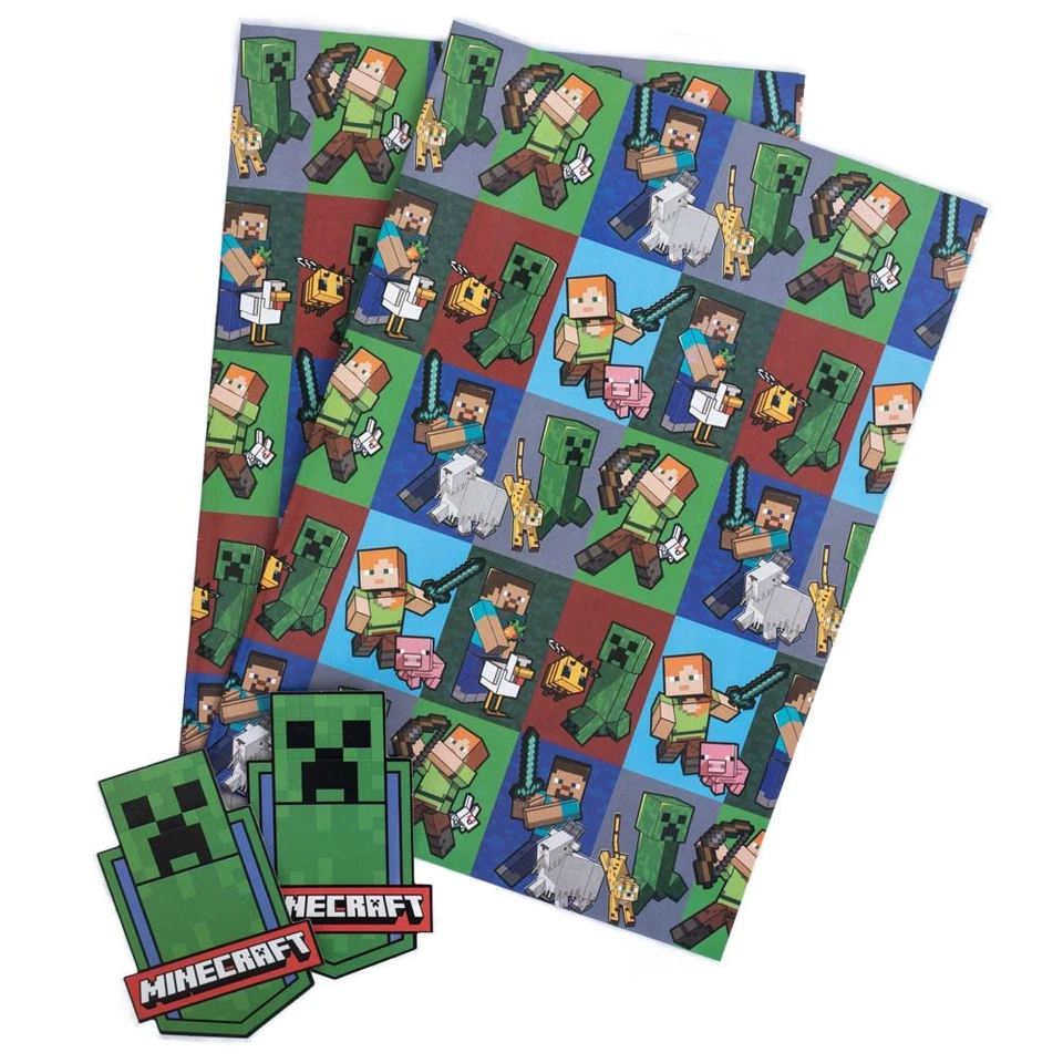 1XPack Minecraft Character Gift Wrap 2 Sheets &Tags Official Merchandise -UK