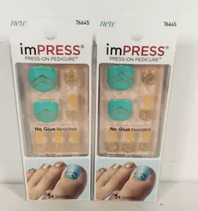 Paquete de 2 pies de lujo imPRESS Press On Pedicura 76645 24 uñas de los pies aguamarina dorado brillo - Imagen 1 de 12