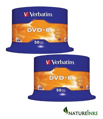 100 Verbatim 43548 DVD-R DVD Blank Recordable Discs 120 Mins 4.7GB 16x 2x50 pack - Image 1 of 3