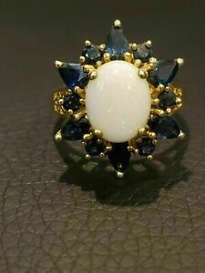 2.50Ct Oval Cut Fire Opal & Blue Sapphire Simulated Ring 14k Yellow Gold Finish