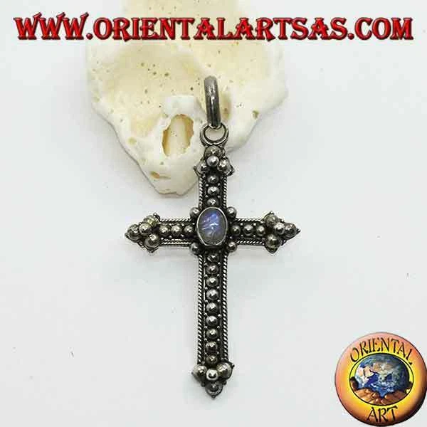 Ciondolo in argento 925‰ croce con pietra di luna arcobaleno ovale - Immagine 1 di 1