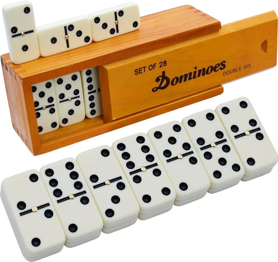 Dominoes Double Six Set of 28 Parts with Wooden Case - Brown