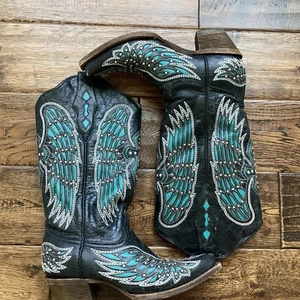 Damen Corral Flügel Kreuz Strass Nieten schwarz und blau Größe 6m - Bild 1 von 15