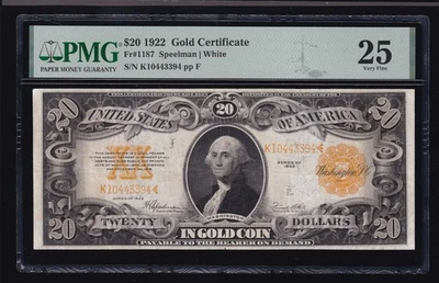 Certificado de oro US 1922 $20 FR 1187 PMG 25 VF (394) Foto 1 de 2