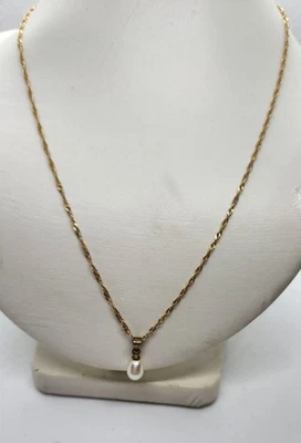 Vintage Solid 14k Yellow Gold 1.4 mm Chain Necklace & Pearl Pendant 16" Chain  - Image 1 of 4