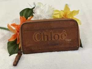 AUTHENTIC CHLOÉ EMBOSSED LOGO BROWN LEATHER ZIP AROUND LONG WALLET GOLD HARDWARE - Picture 1 of 13