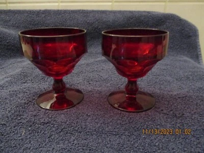 (2) 3 3/4" Anchor Hocking Ruby Glass Footed Georgian Sherberts - Image 1 of 3