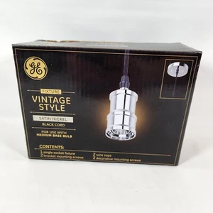 NEW GE Vintage Style Light Bulb Pendant Socket Fixture Satin Nickel Black Cord - Picture 1 of 6