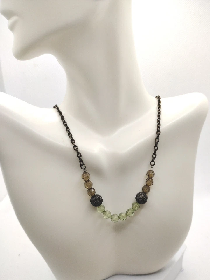 1928 Signed Tan & Green Translucent Beaded Bronze Necklace Costume Jewelry Boho - Image 1 of 3