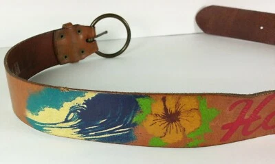 Vintage Leather HOLLISTER HCO Belt Waves Flowers Buckle Size XS/S 39" long Calif - Image 1 of 4