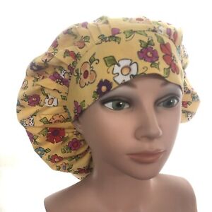 Scrub Hat, Pleated Bouffant, WIDE BAND, Happy Flowers, Yellow, 100% Cotton