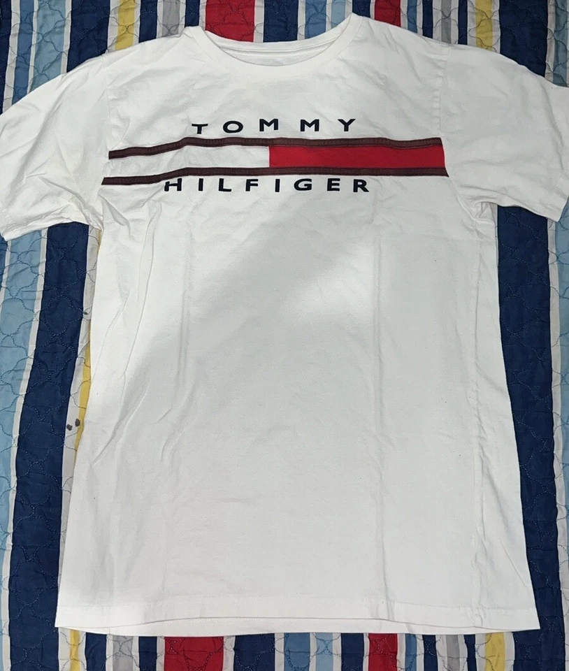 Tommy Hilfiger Boy's White Flag Strip Logo T-Shirt Size XL - Image 1 of 1