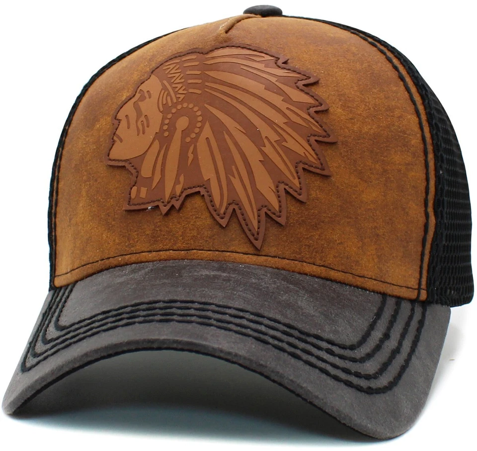 Native American Big Chief Meshback Trucker Style Cap Black & Tan Hat by KB Ethos - Image 1 of 3