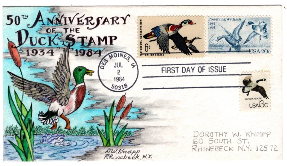 #2092 Preserving Wetlands Dorothy Knapp Hand Painted Cachet 1984 FDC IA - Image 1 of 1