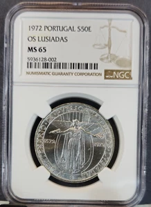 1972 PORTUGAL SILVER 50 ESCUDOS OS LUSIADAS NGC MS 65 GEM BU BEAUTIFUL LUSTER - Picture 1 of 3