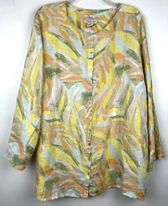Rachel Zoe Top Womens 3X Geometric Linen Tab Sleeve Summer Artsy Comfy Button - Picture 1 of 10
