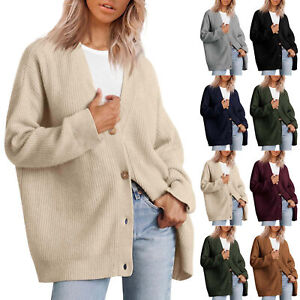 Women's Cardigan Front Oversized Button Sweater V Neck Loose Knitted Jacket Coat