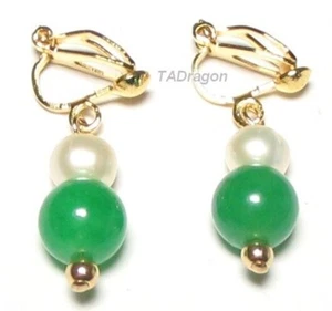 Genuine White Pearl & Dark Green Jade Clip on Earrings Gold Plated or 925 Silver - Picture 1 of 2