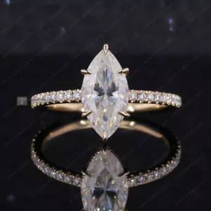 2CT Marquise Engagement Ring With Side Accent Stone, Wedding Hidden Halo Ring - Picture 1 of 3