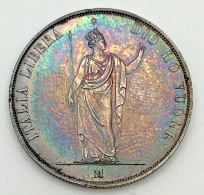 1848 M Italy Kingdom of Lombardy 5 Lire Italian States C#22 .900 Silver TONED - Image 1 of 2