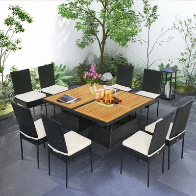 10PCS Rattan Patio Dining Set Cushioned Outdoor Furniture Set w/ Wooden Tabletop — 第 1/4 张图片