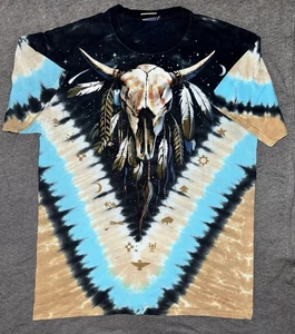 Size L Men's Vintage Liquid Blue 2003 T-Shirt Native Buffalo Skull Tie Dye TT1 - Picture 1 of 5