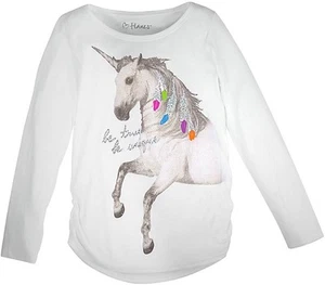 Hanes Girls Graphic Shirred Sideseam Long Slv Tee S White NEW (921) - Picture 1 of 1