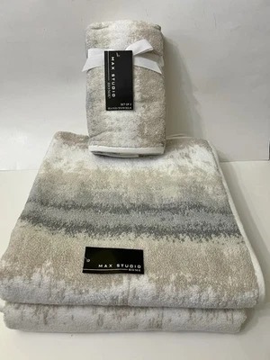 4 шт. Max Studio 2 ванны 2 вручную полотенце комплект бежевый белый серый омбр абстрактный новый с Ярлыками - Изображение 1 из 4