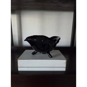 Black Amethyst Glass Footed Flower Shaped Bowl 5.5" Vintage L.E. Smith 1930s–50s - Picture 1 of 6