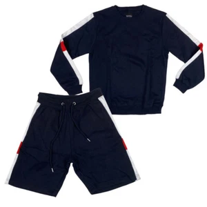 Boohoo Mens Set Crew Sweatshirt Shorts in Navy Blue / Red / White RRP £45 - Picture 1 of 15