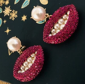 Authentic Betsey Johnson Earrings - Red Rhinestone Lips With Faux Pearls, NWT - Picture 1 of 8