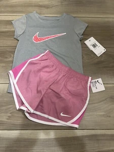 Nike Girls Gray Tee Shirt & Pink Shorts Athletic 2 Piece Set Size 6 - Picture 1 of 8