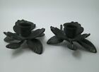 Pair Of Brass Flower Candle Holders, Black/Green Leaves Verdigris Patina