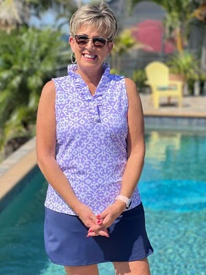 Camiseta sin mangas para mujer Lulu B con volantes cuello en V lila/blanca GHLI talla XS UPF 50+ Foto 1 de 4