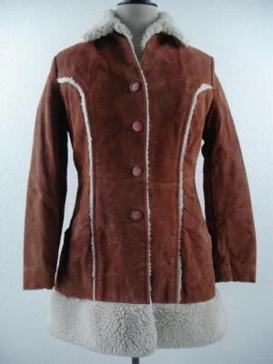 Mujer M 14 De Colección Años 70 Pioneer Wear Marrón Gamuza Cuero Chaqueta Abrigo Forrado Sherpa Foto 1 de 4