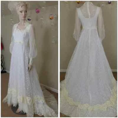 Vestido de novia vintage de encaje blanco y amarillo claro de JC Penney Fashion Foto 1 de 4