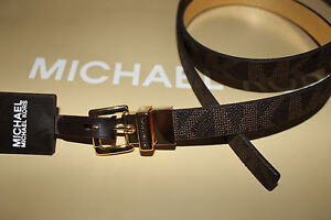 MICHAEL KORS Women's Belt Size L Brown Monogram MK Reversible Gold Buckle NEW