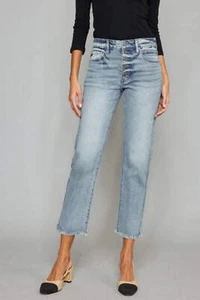 Kancan High Waisted Button Fly Raw Hem Cropped Blue Denim Straight Leg Jeans - Picture 1 of 11