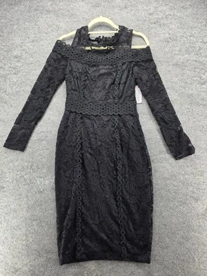 Bisou Bisou Dress Womens 4 Cold Shoulder Black Lace Bodycon Midi - Image 1 of 4