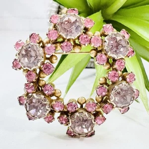 Vintage Pink and Lilac Purple Floral Rhinestone Wreath Gold Tone Brooch - Picture 1 of 8