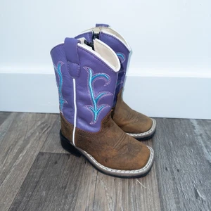 Old West Brown & Purple Leather Square Toe Boots Size 4.5 Child - Picture 1 of 6