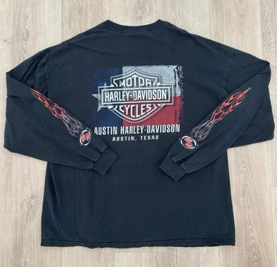 vintage Y2K Harley Davidson Flame Sleeve Longsleeve Tee 3XL USA Austin Texas Vtg - Image 1 of 4