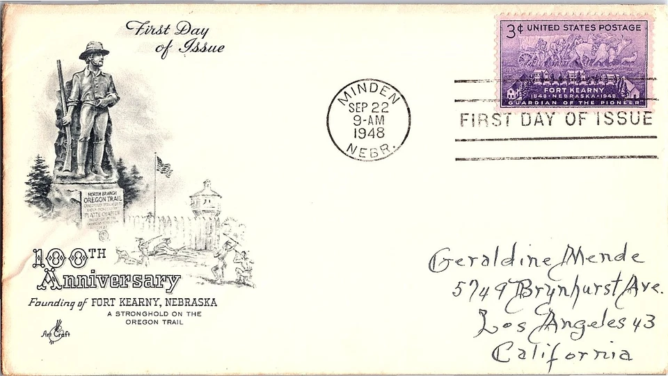 Fort Kearny Nebraska 100th Anniversary Sept. 22, 1948 Mail Cover FDC - Image 1 of 1