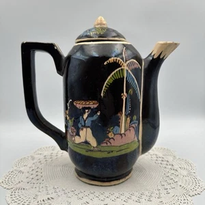 VTG RARE 1940s Hand-Painted Tlaquepaque Black Coffee Pot Colorful Scene MEXICO - Bild 1 von 9