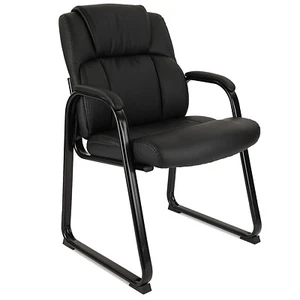 Leather Guest Chair with Sled Base in Black Mid Back Office Executive Side Chair - Picture 1 of 9