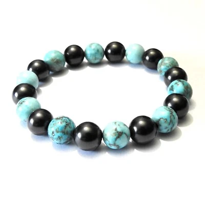 Shungite & Turquoise bead bracelet, 8mm beads - EMF Protection & Healing - Image 1 of 3
