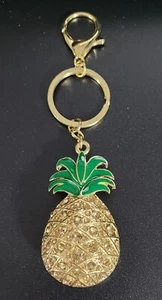 Gold Tone Pineapple w/golden Colored Rhinestones & green Enamel Top Keychain - Picture 1 of 3